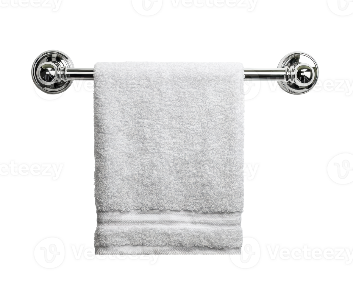 Soft white towel hanging on a chrome bar for bathroom decor png