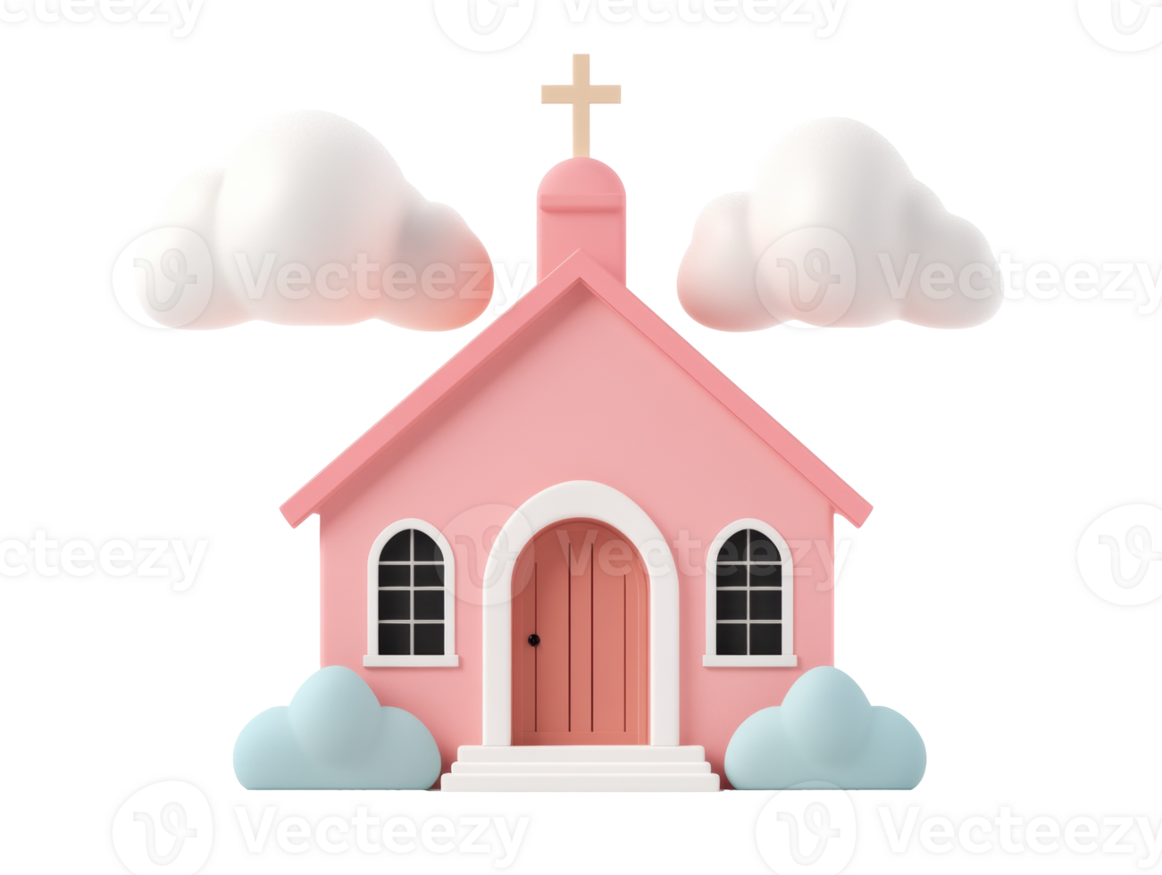 Charming pink church with clouds in a serene sky setting png