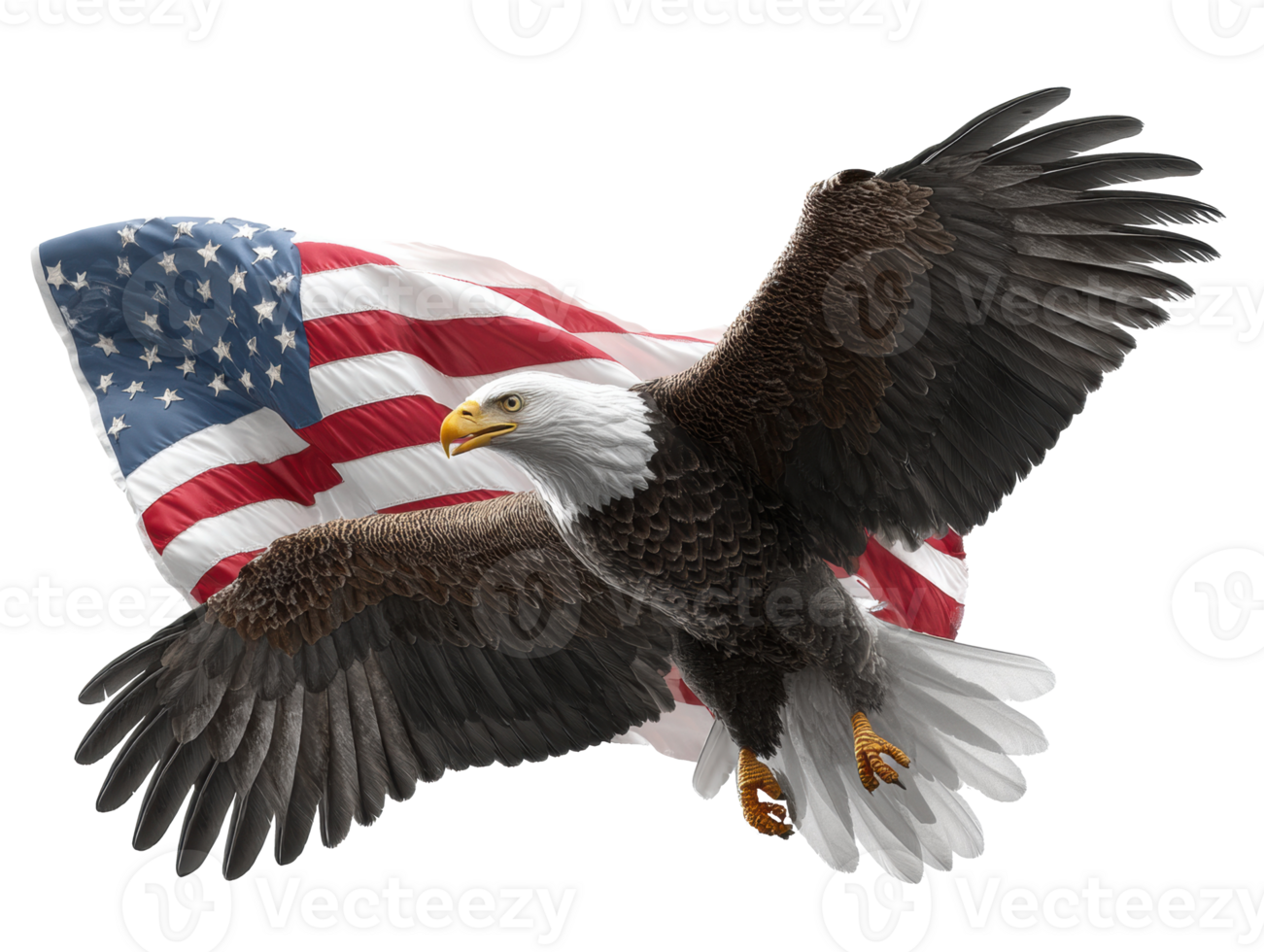 American bald eagle soaring in front of waving US flag png