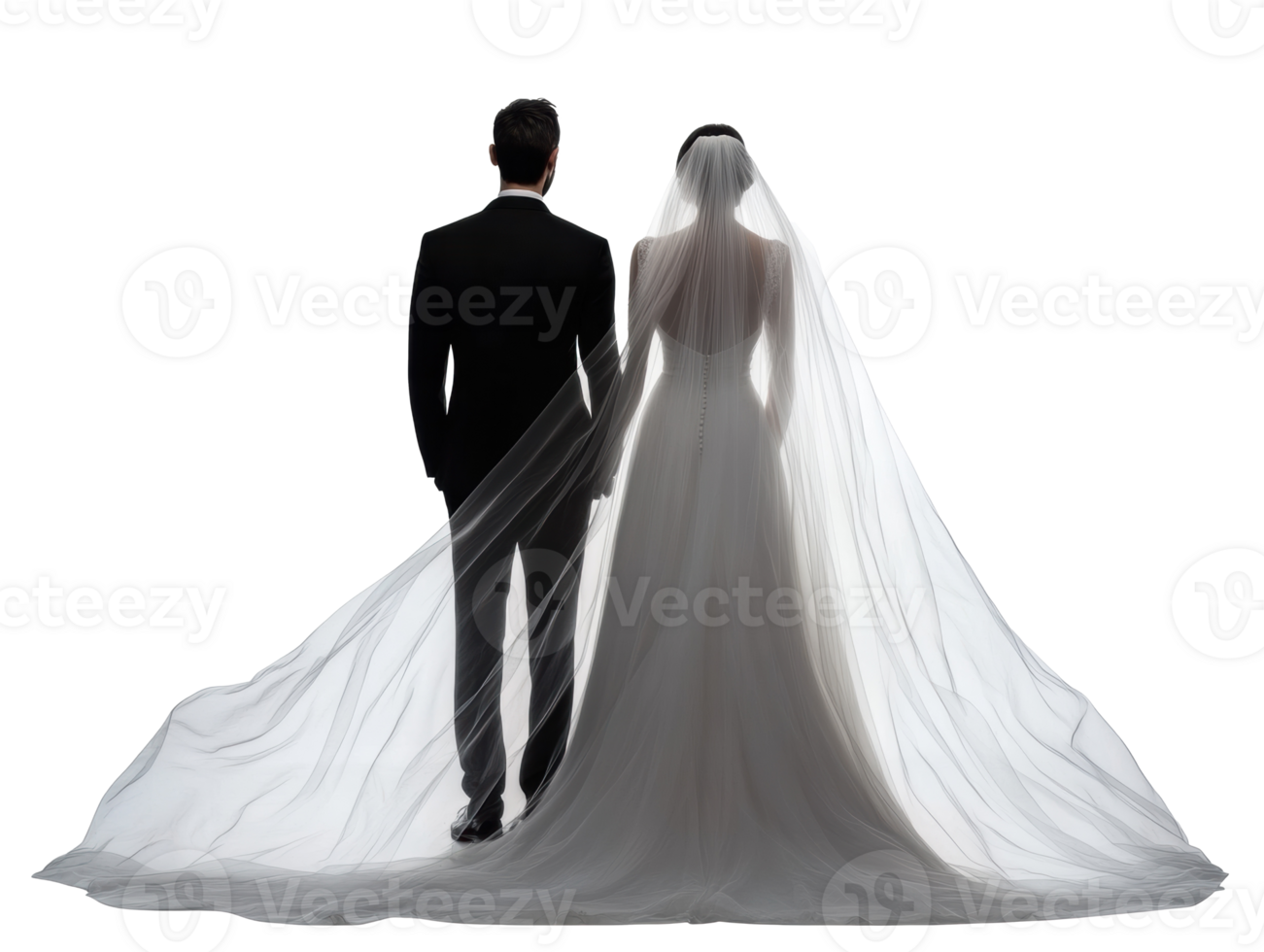 Elegant wedding couple standing hand in hand with flowing veil png