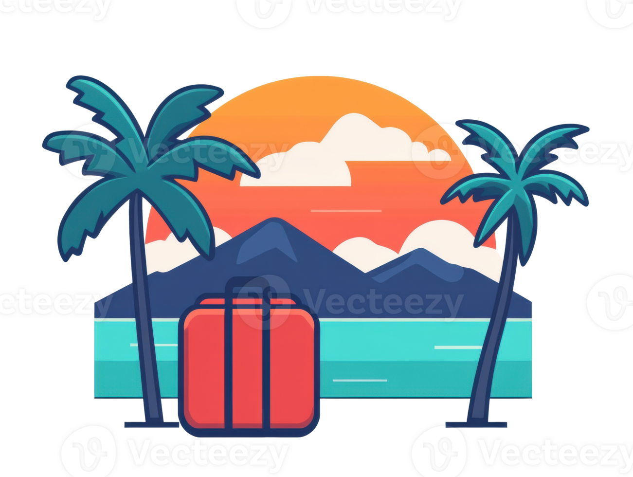 Tropical sunset travel concept with palm trees and suitcase png