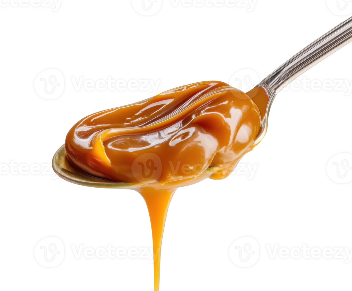 Caramel drizzle on a spoon for desserts and sweet dishes png