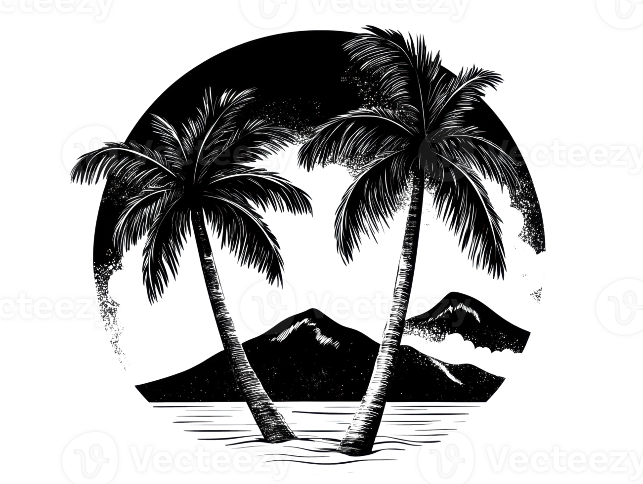Palm trees and mountains silhouette against a night sky scene png