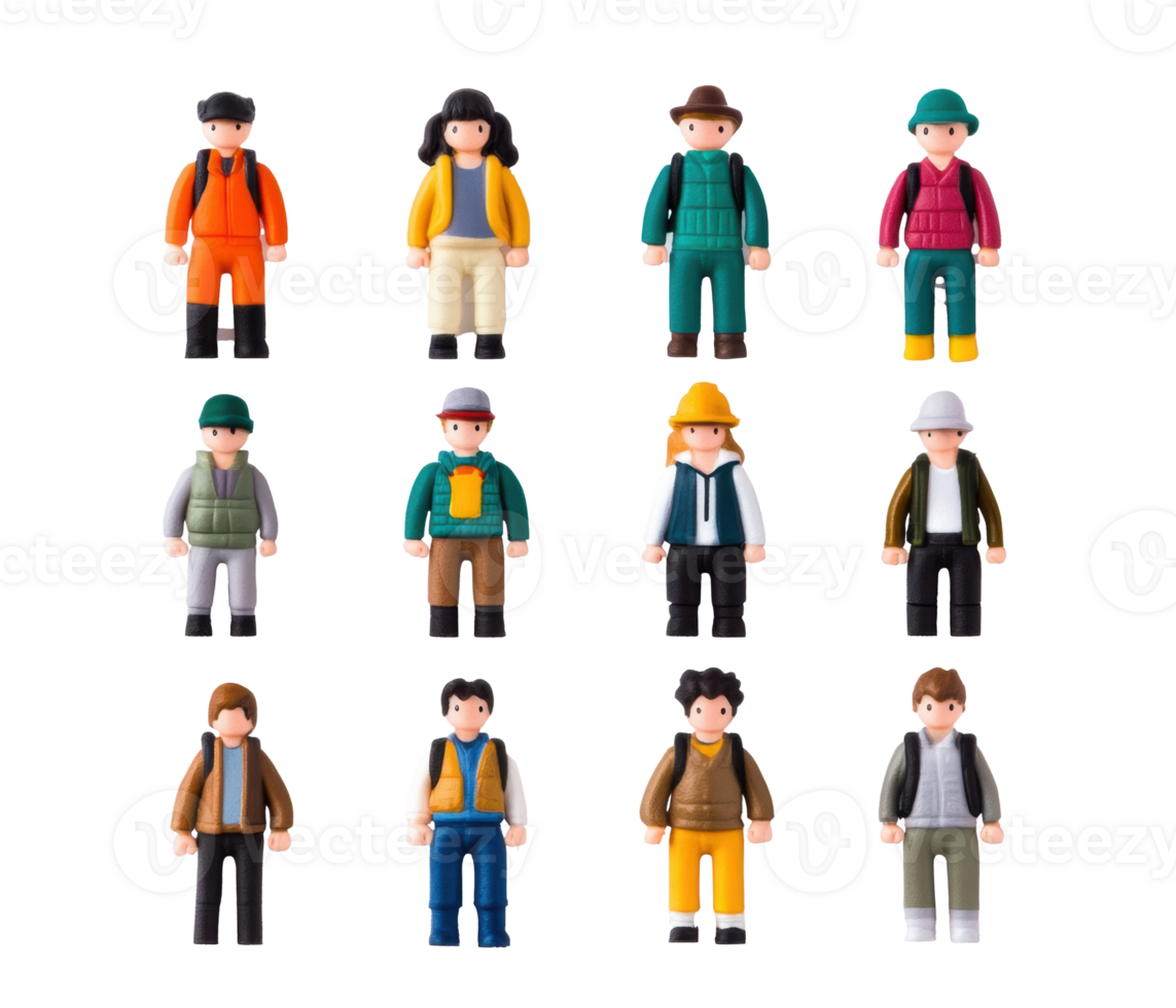 Miniature people figures in various outfits for creative projects png