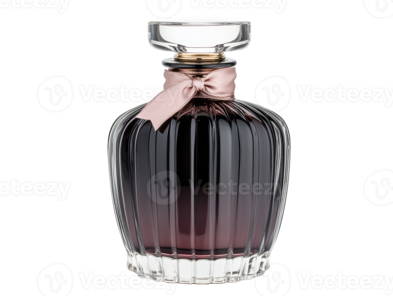 Elegant glass perfume bottle with ribbon decoration and unique design png