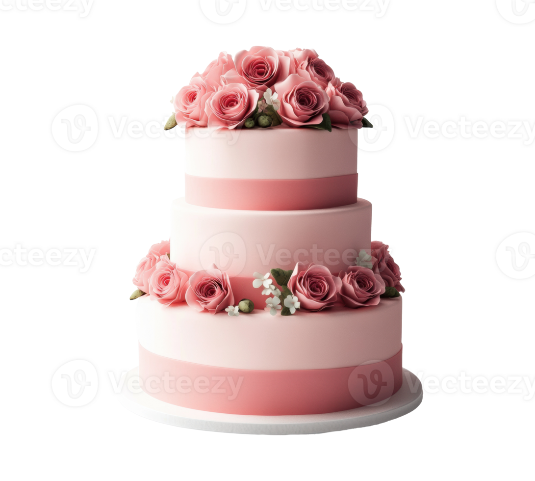 Elegant three-tier cake decorated with pink roses for celebrations png