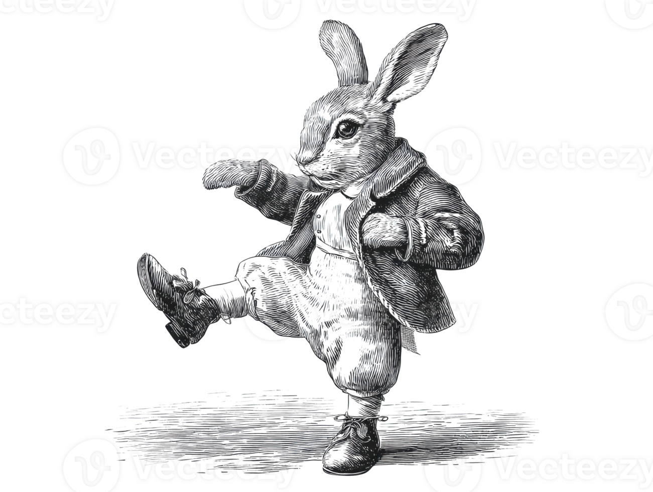 Charming anthropomorphic rabbit in vintage clothing dancing joyfully png