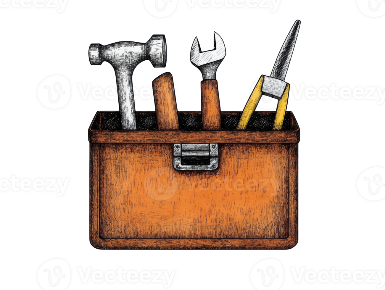 Essential tools in a wooden toolbox for home repairs and projects png