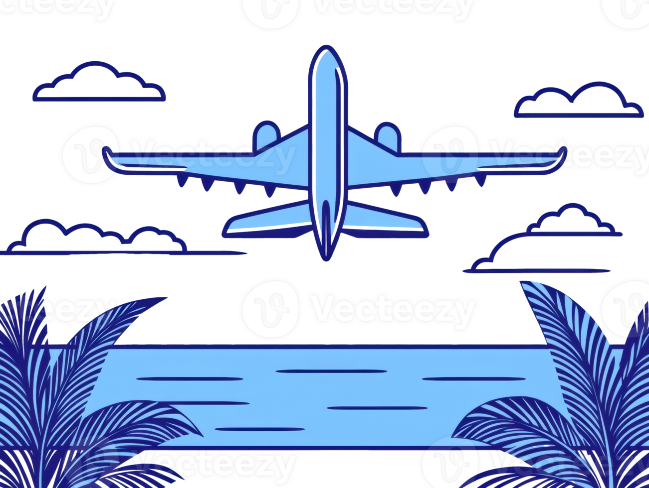 Airplane flying over ocean with palm trees under blue sky png