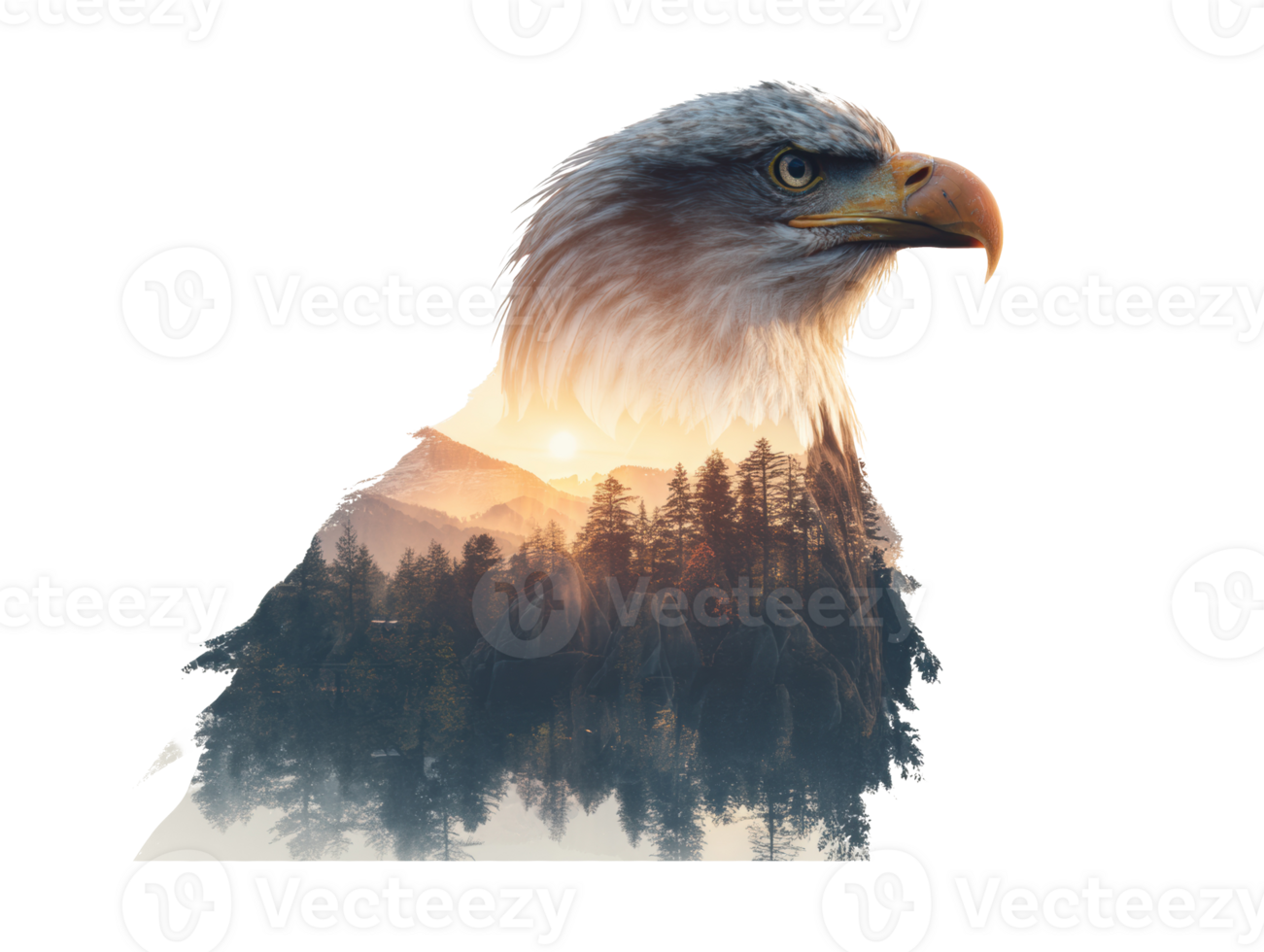 Majestic eagle soaring over serene forest landscape at sunset png
