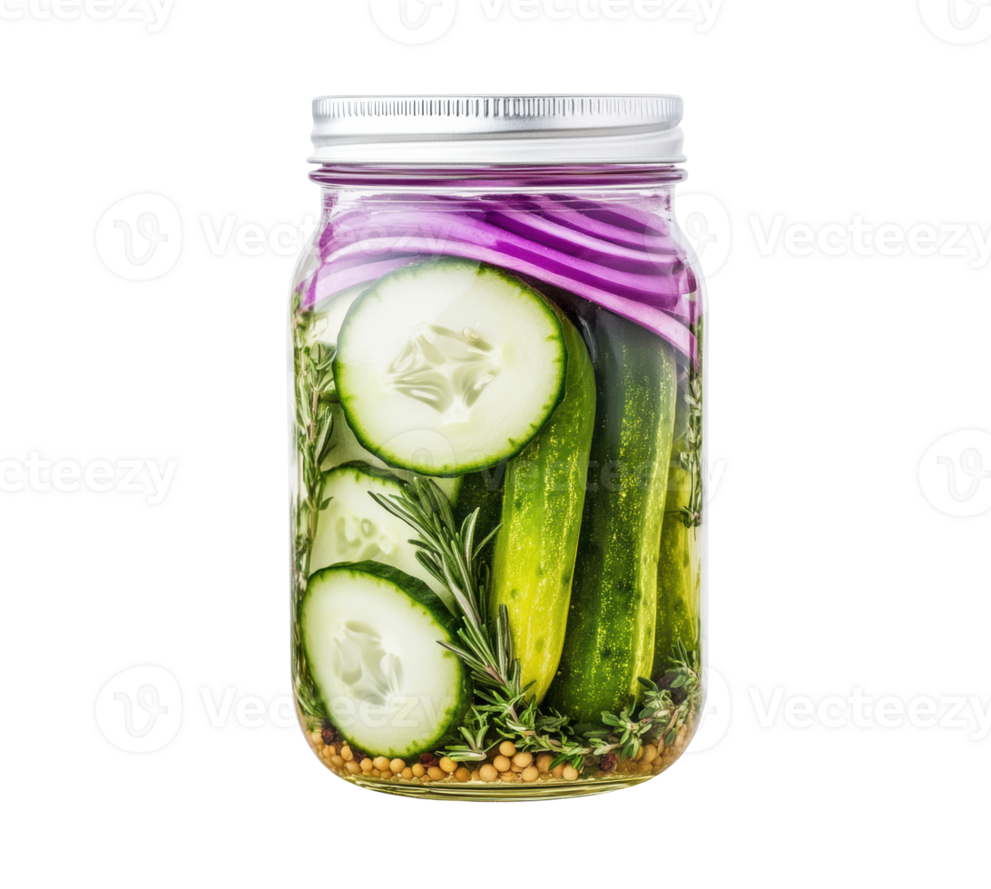 Homemade pickles with fresh cucumbers and spices in a jar png