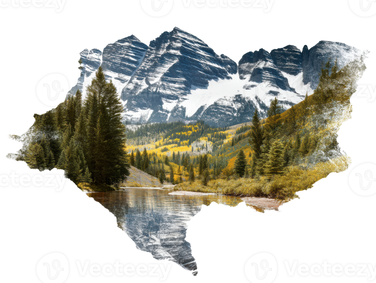 Mountain landscape with lake features and autumn trees in Texas png