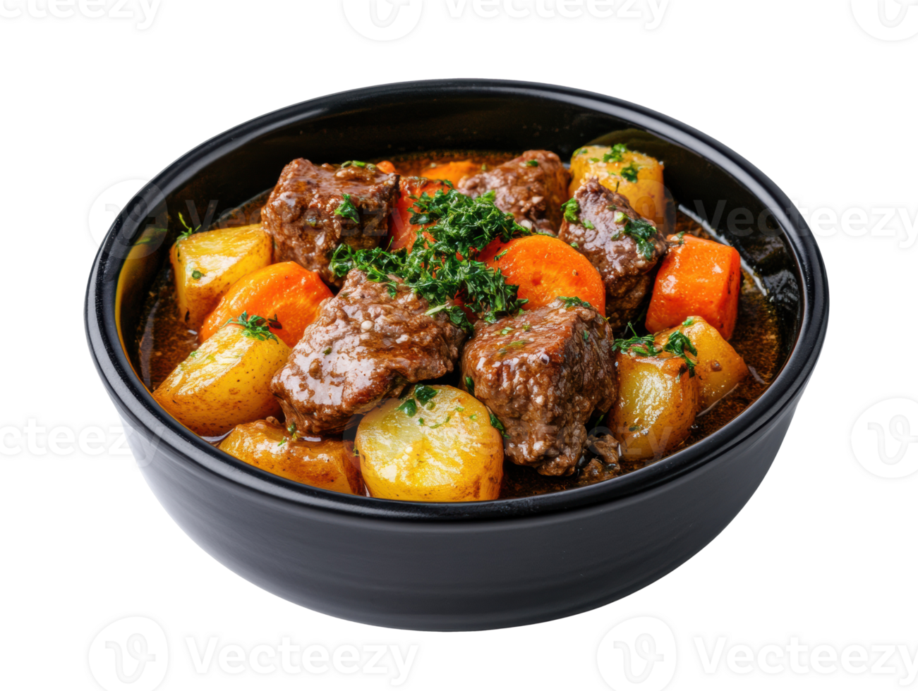 Savory beef stew with root vegetables in a black bowl png