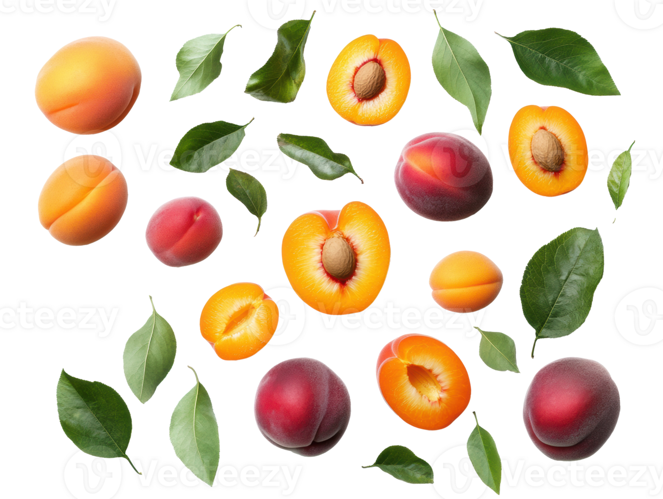Fresh stone fruits and green leaves arranged on a light surface png