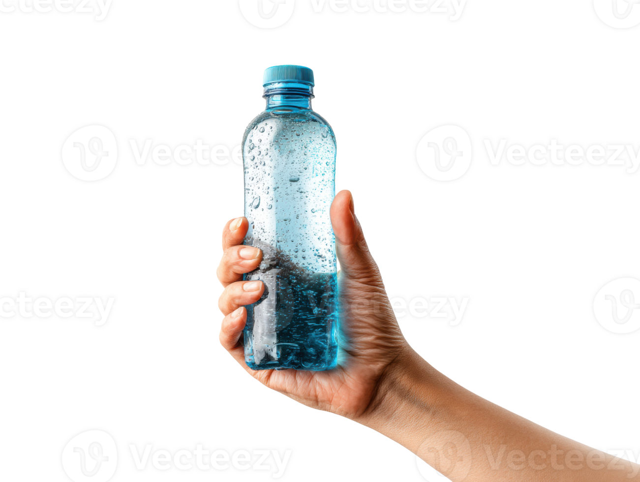 Refreshing drink in hand with water droplets in focus for summer heat png