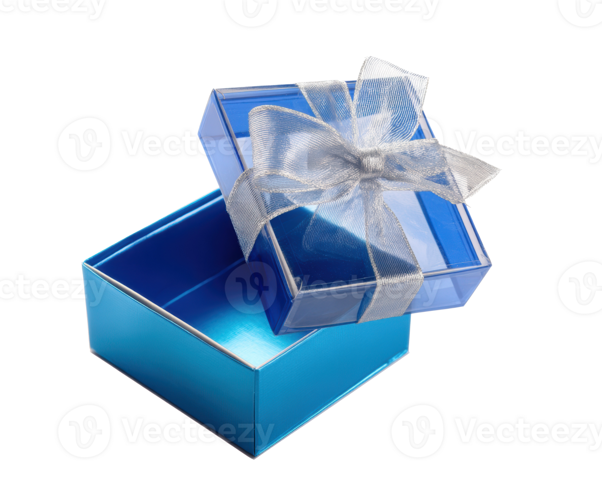 A stylish blue gift box is open, revealing its glossy interior png