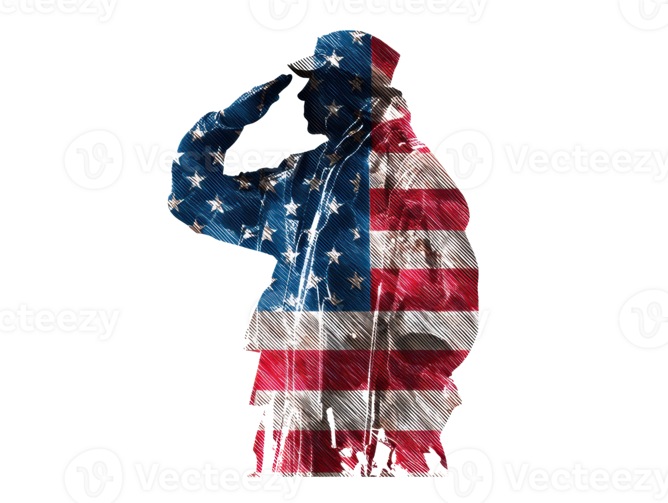 Military salute with American flag colors on soldier silhouette png