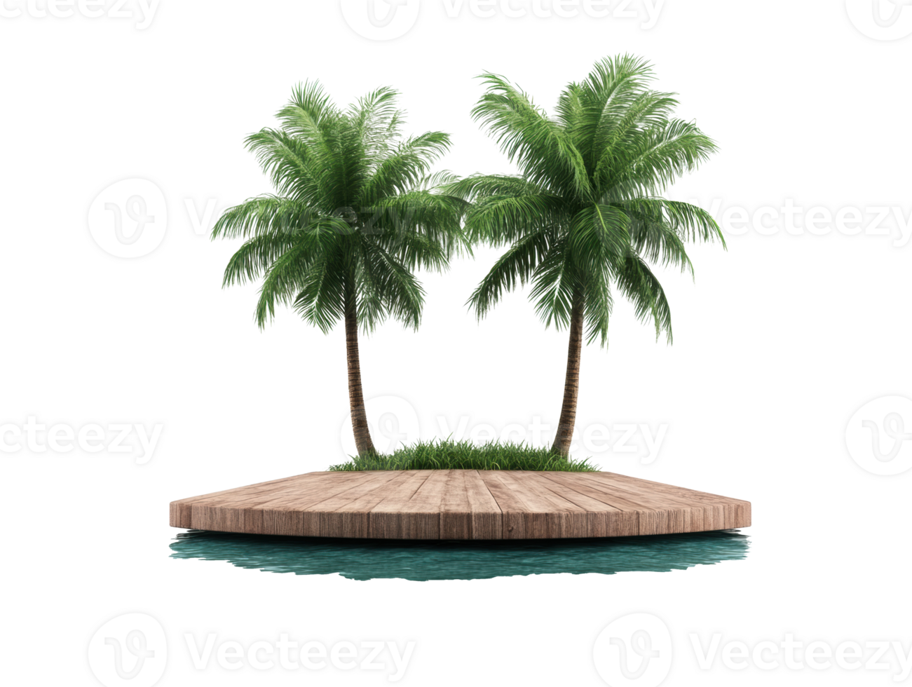 Tropical island with palm trees and wooden deck in clear water png