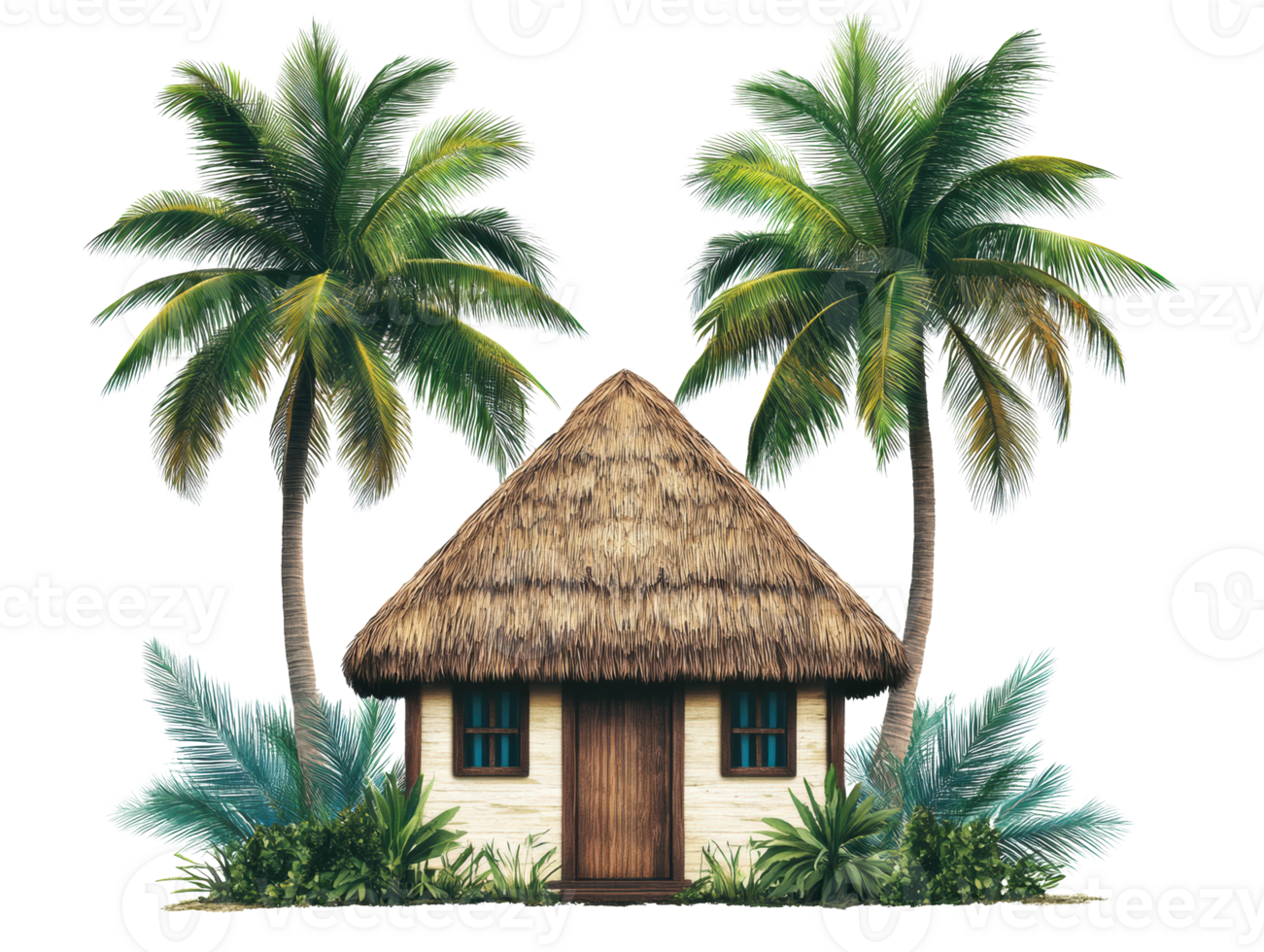 Tropical cottage with palm trees in a lush garden setting png