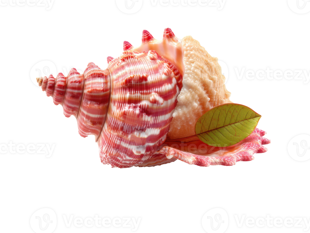 Natural seashell arrangement with green leaf for beach decor png