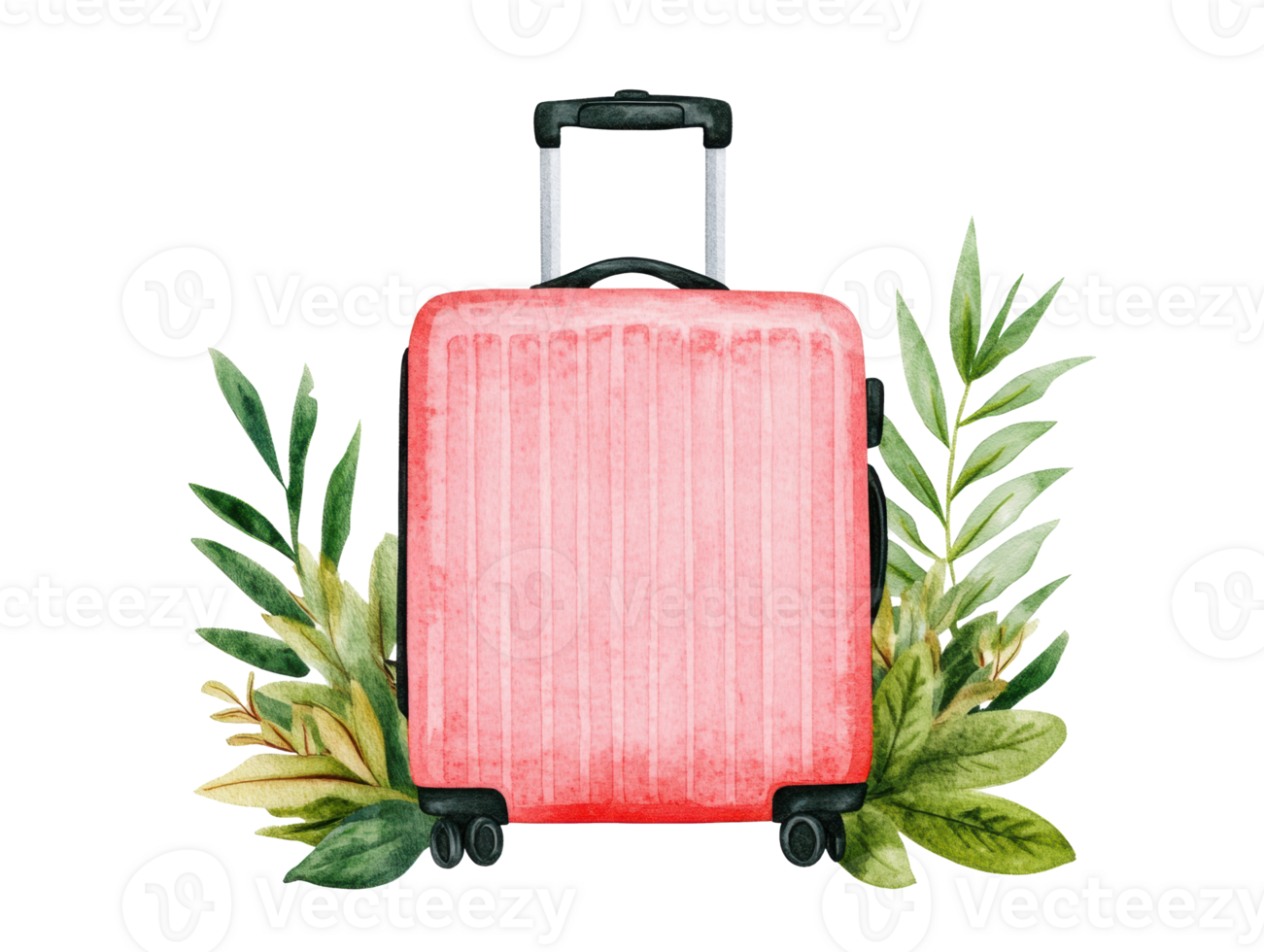 Pink suitcase amidst lush green foliage for travel design png