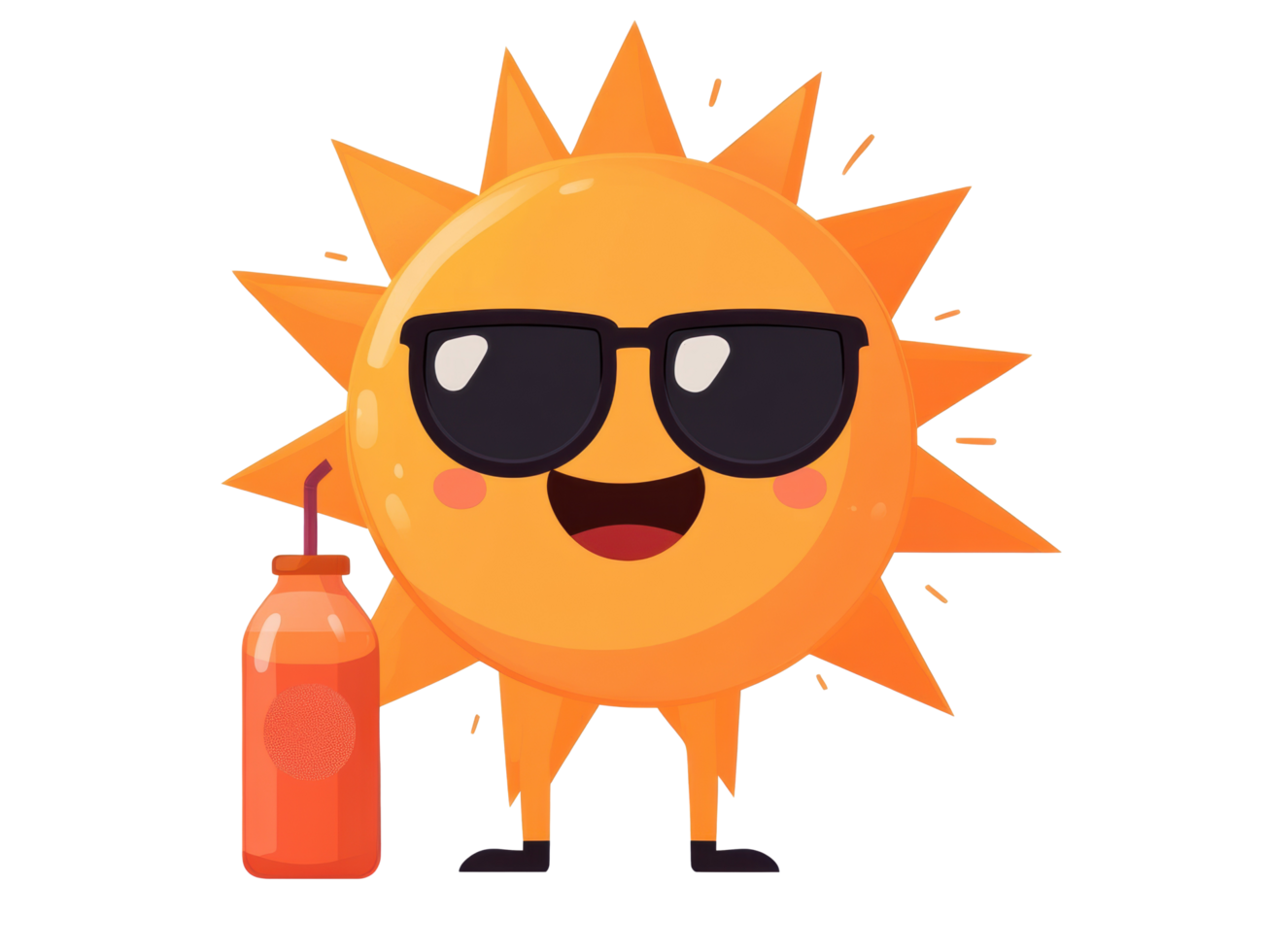 Happy sun character with sunglasses and drink for summer fun png