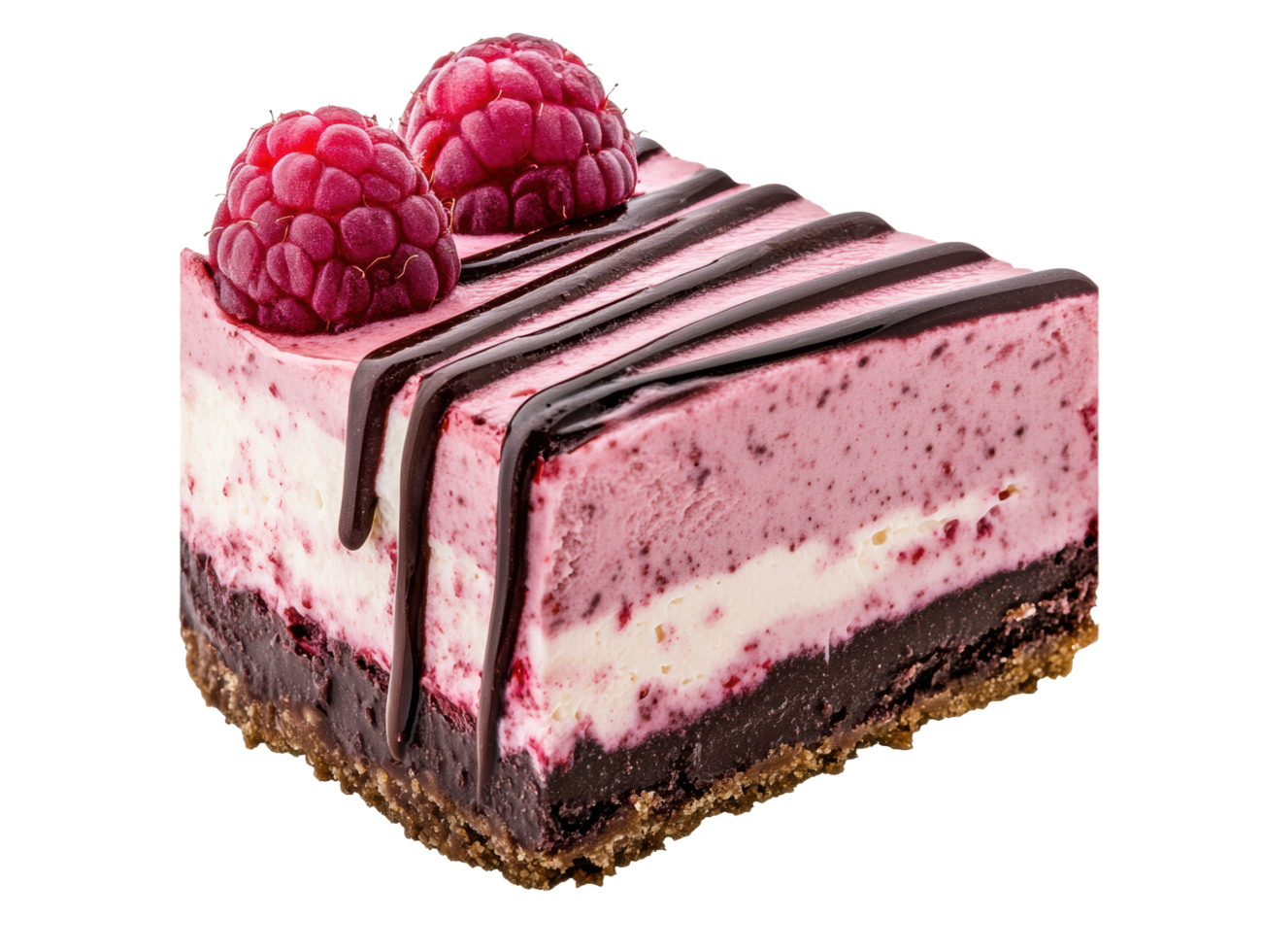Delightful raspberry cheesecake slice with chocolate drizzle png