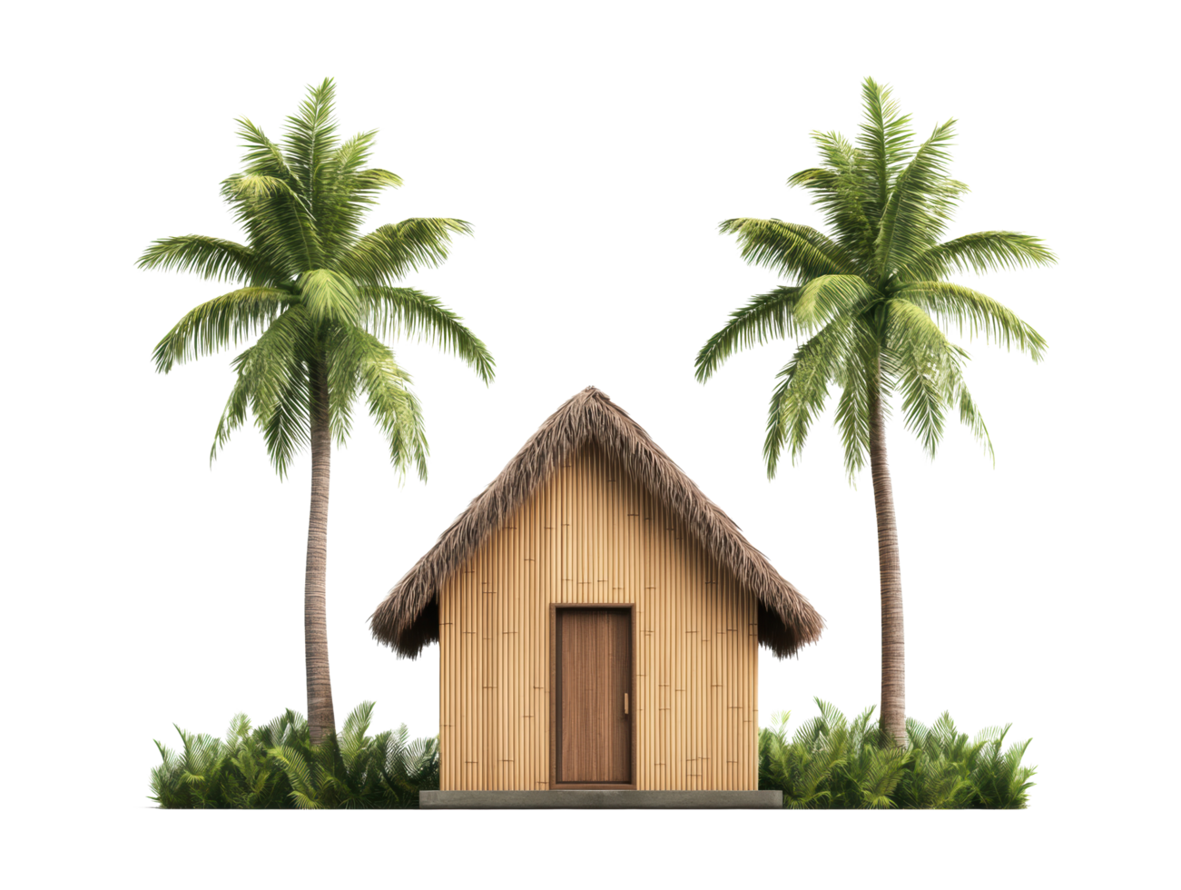 Tropical beach house amid palm trees for a relaxing getaway png