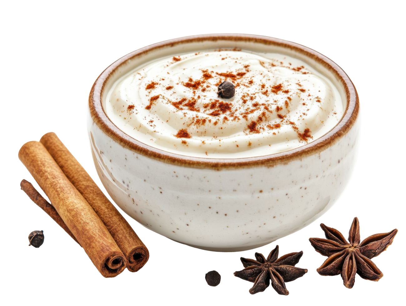 Creamy dessert topped with spices for festive occasions and gatherings png