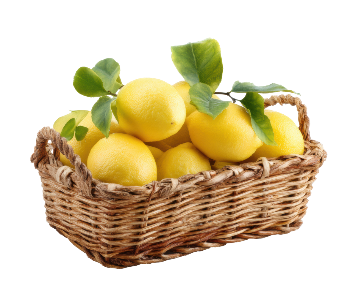 Fresh lemons in a wicker basket for healthy cooking and beverages png