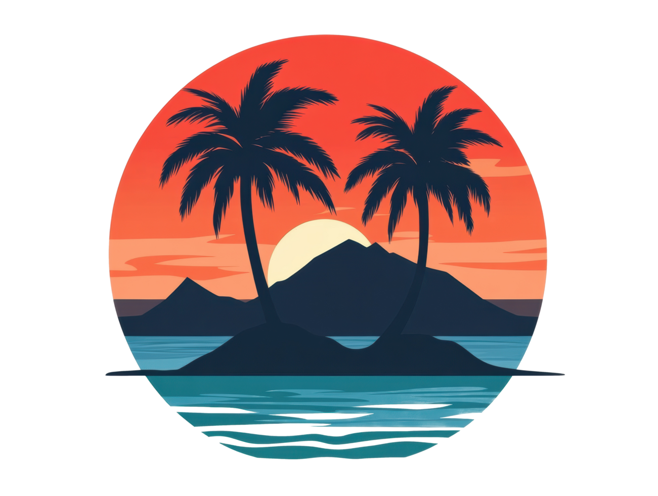 Tropical sunset with palm trees and mountains in the background png