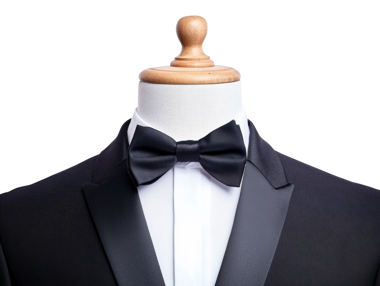 Elegant black tuxedo with bow tie on dress form for formal occasions png
