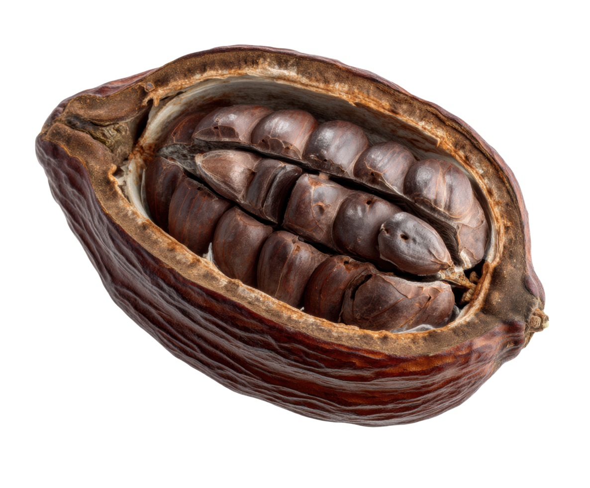 Cocoa pod split open revealing seeds and fruit inside for culinary use png