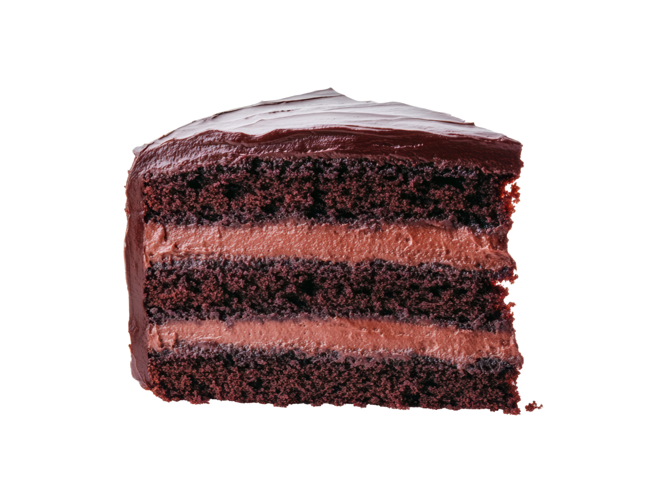 Delicious chocolate cake slice with rich frosting and layers png