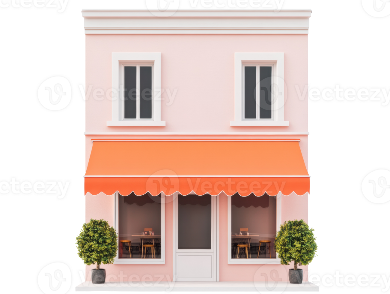 Charming pink cafe with orange awning in a vibrant setting png