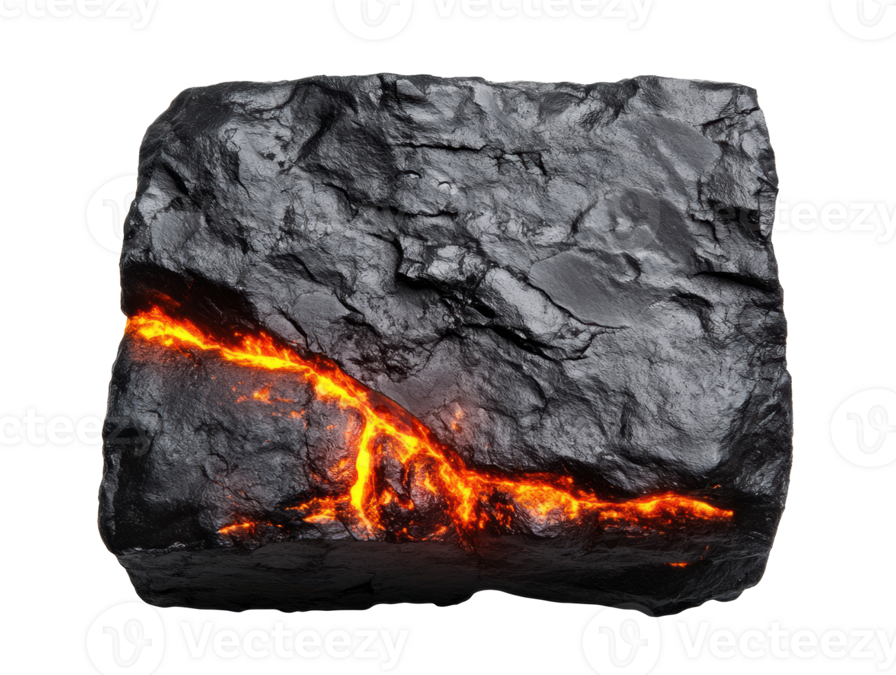 Lava rock with glowing orange lava fissures in textured surface png