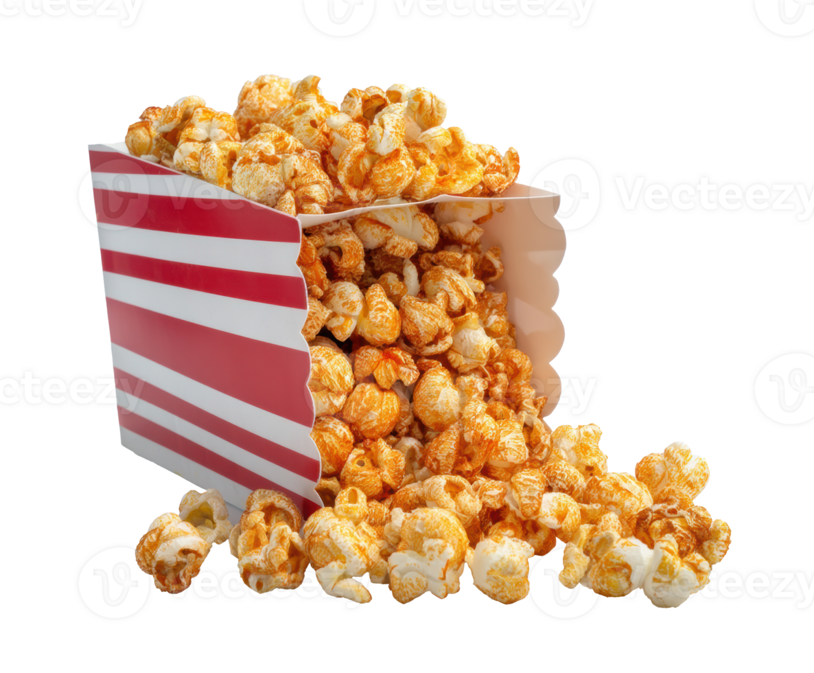 Delicious popcorn spilling from a classic striped container png