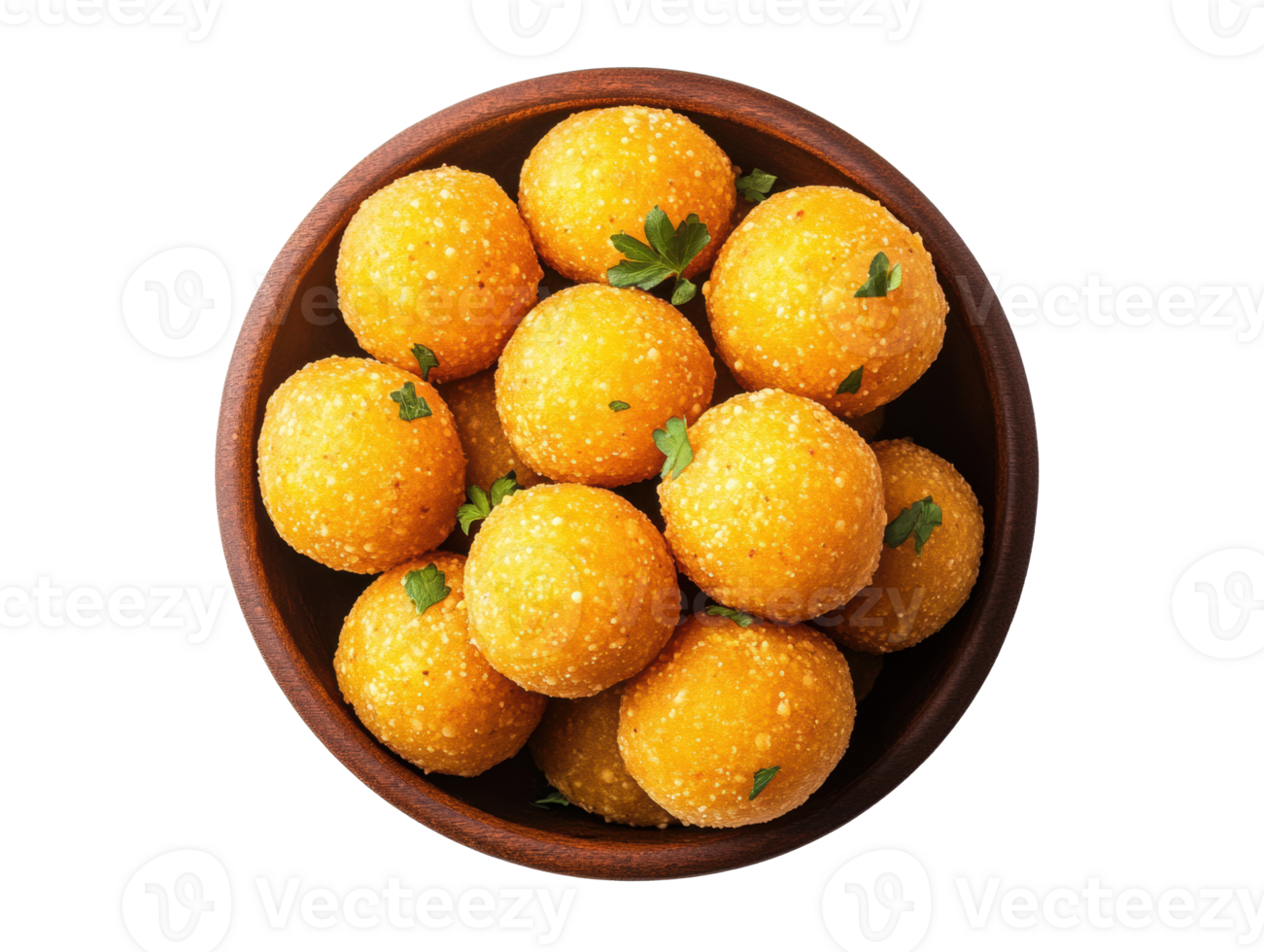 Delicious golden cheese balls served in a wooden bowl for appetizer png