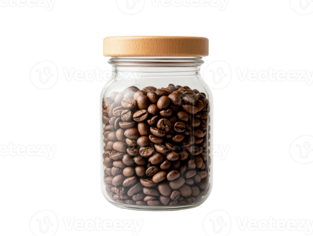 Fresh roasted coffee beans in a clear glass jar with wooden lid png