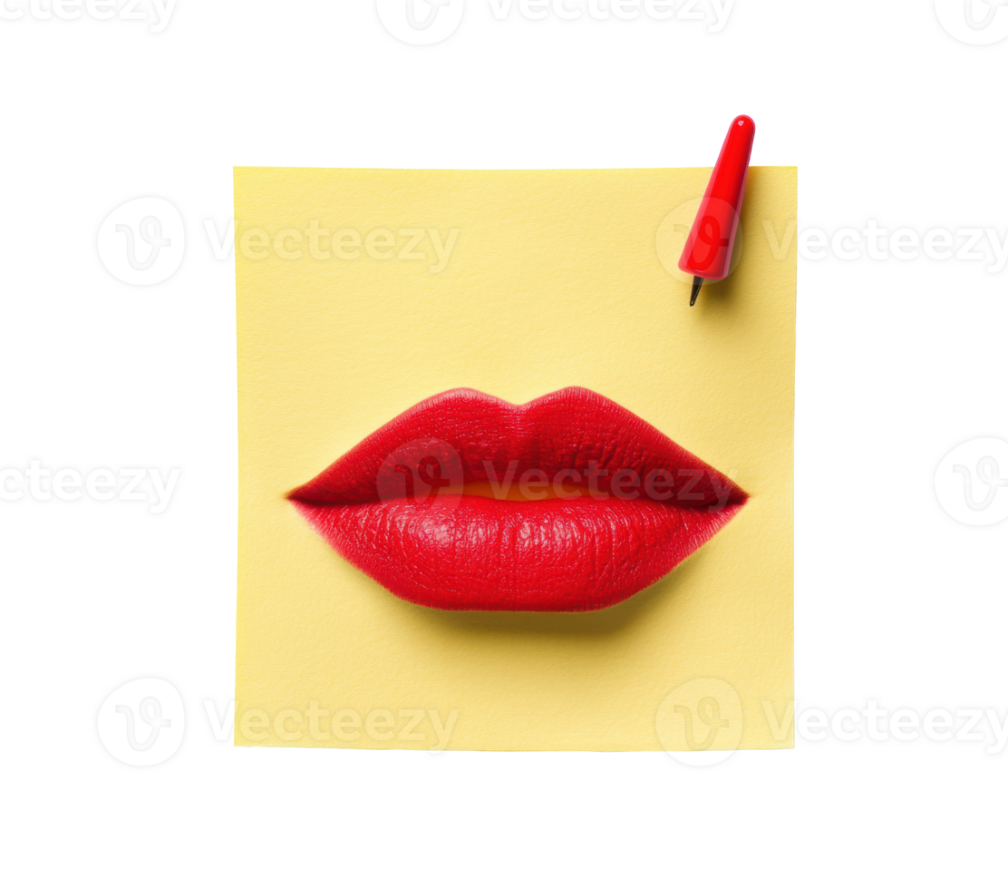 Bold red lips on a sticky note with a red pushpin png