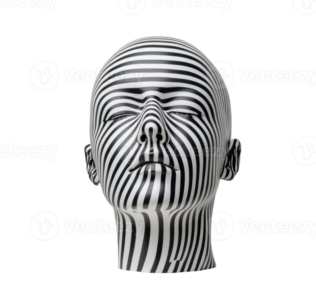 Artistic mannequin head with black and white striped pattern design png