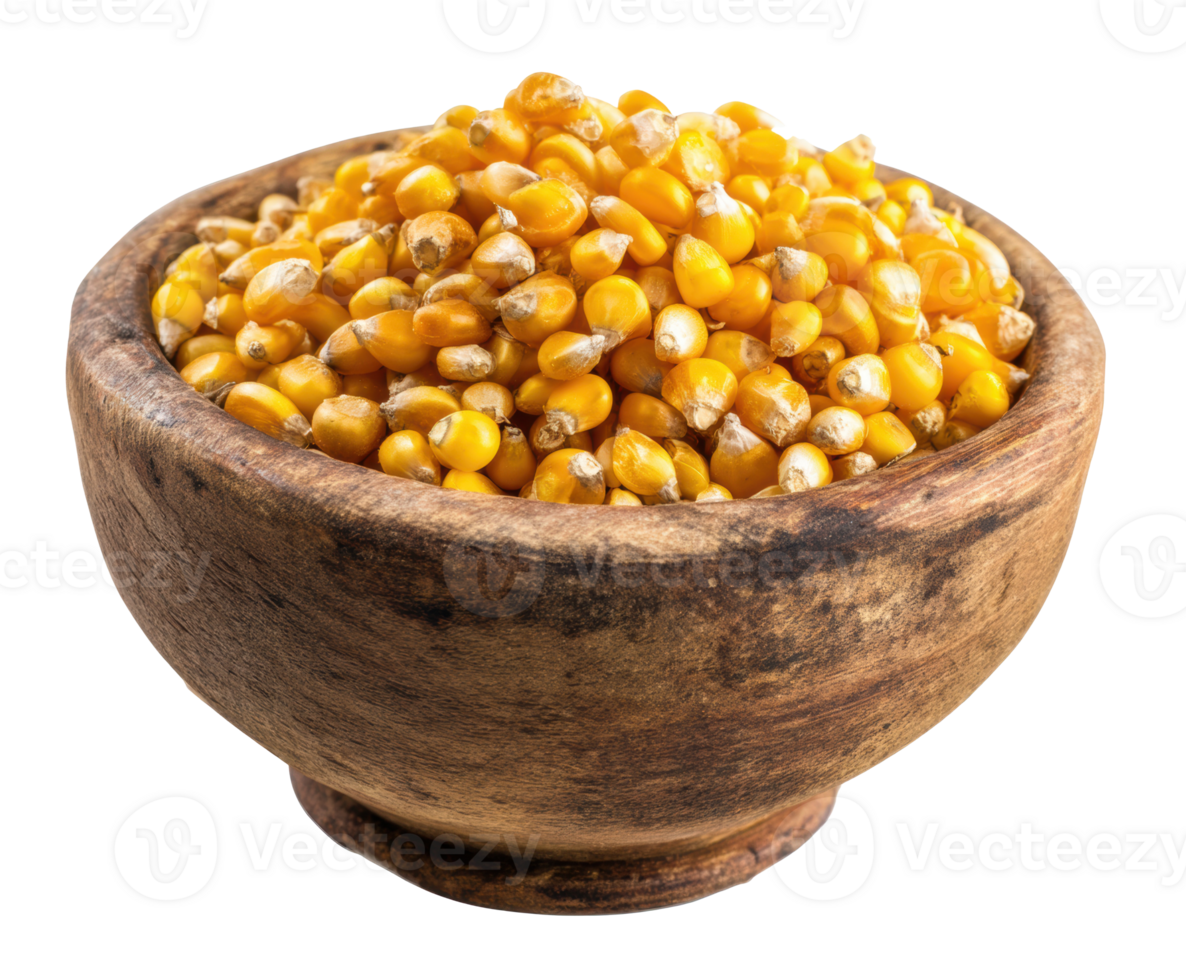 Golden corn kernels in a rustic wooden bowl for healthy cooking png