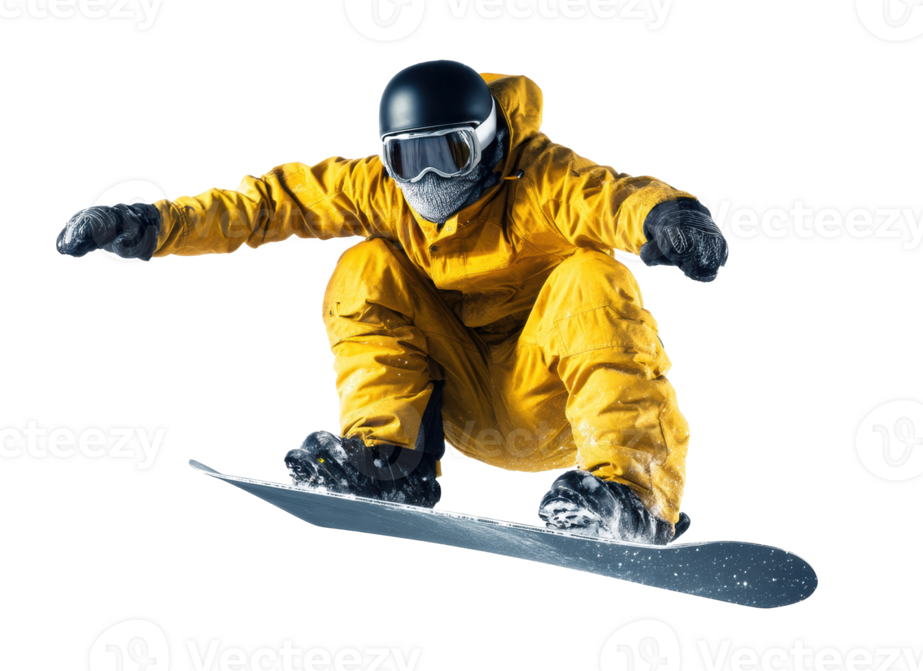 Snowboarder in yellow jumpsuit performing tricks on the slopes png