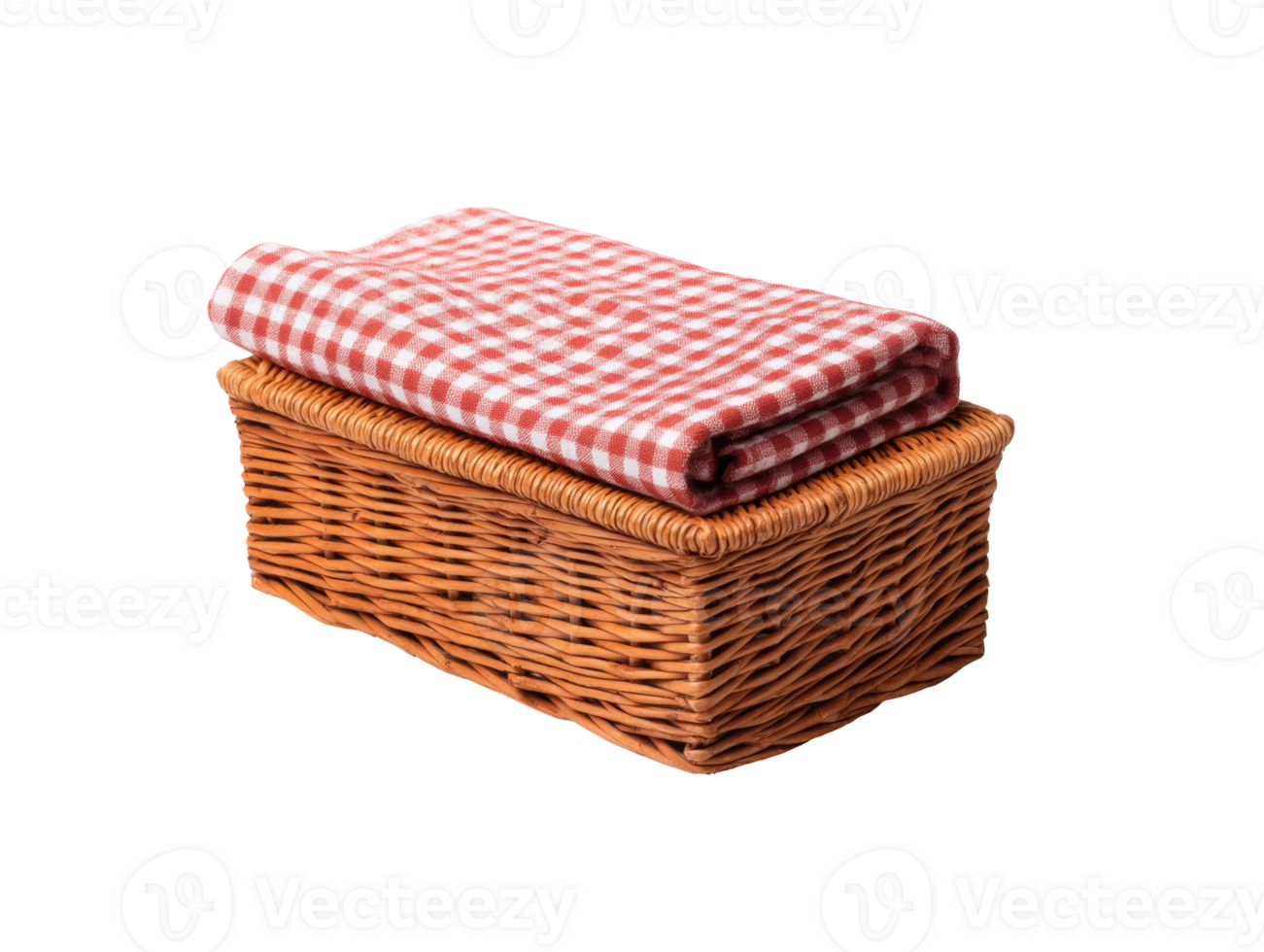 Woven basket with checked cloth for picnic or home decor png