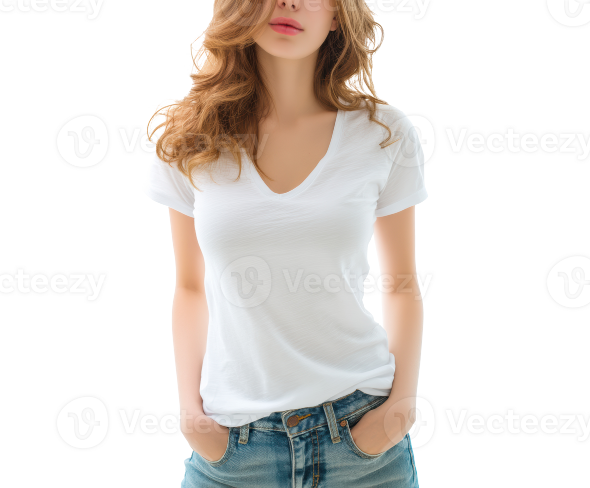 Casual fashion portrait of a woman in a white tee and denim shorts png