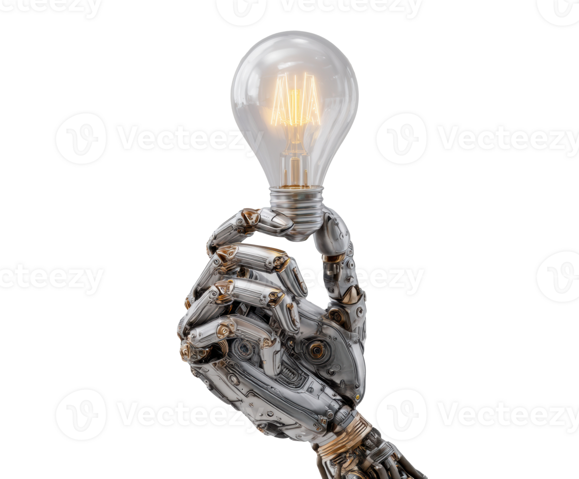 Creative concept of robotic hand holding glowing light bulb png