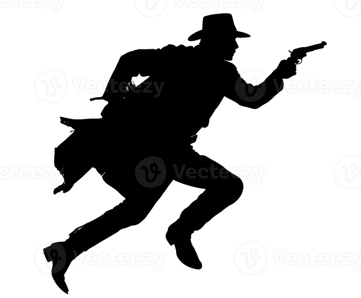 Cowboy silhouette in action running with a revolver for design use png