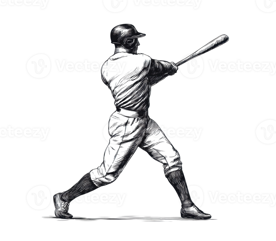 Vintage baseball player swinging bat in action png