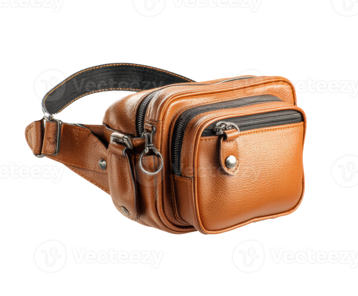Stylish brown leather waist bag for travel and daily use png
