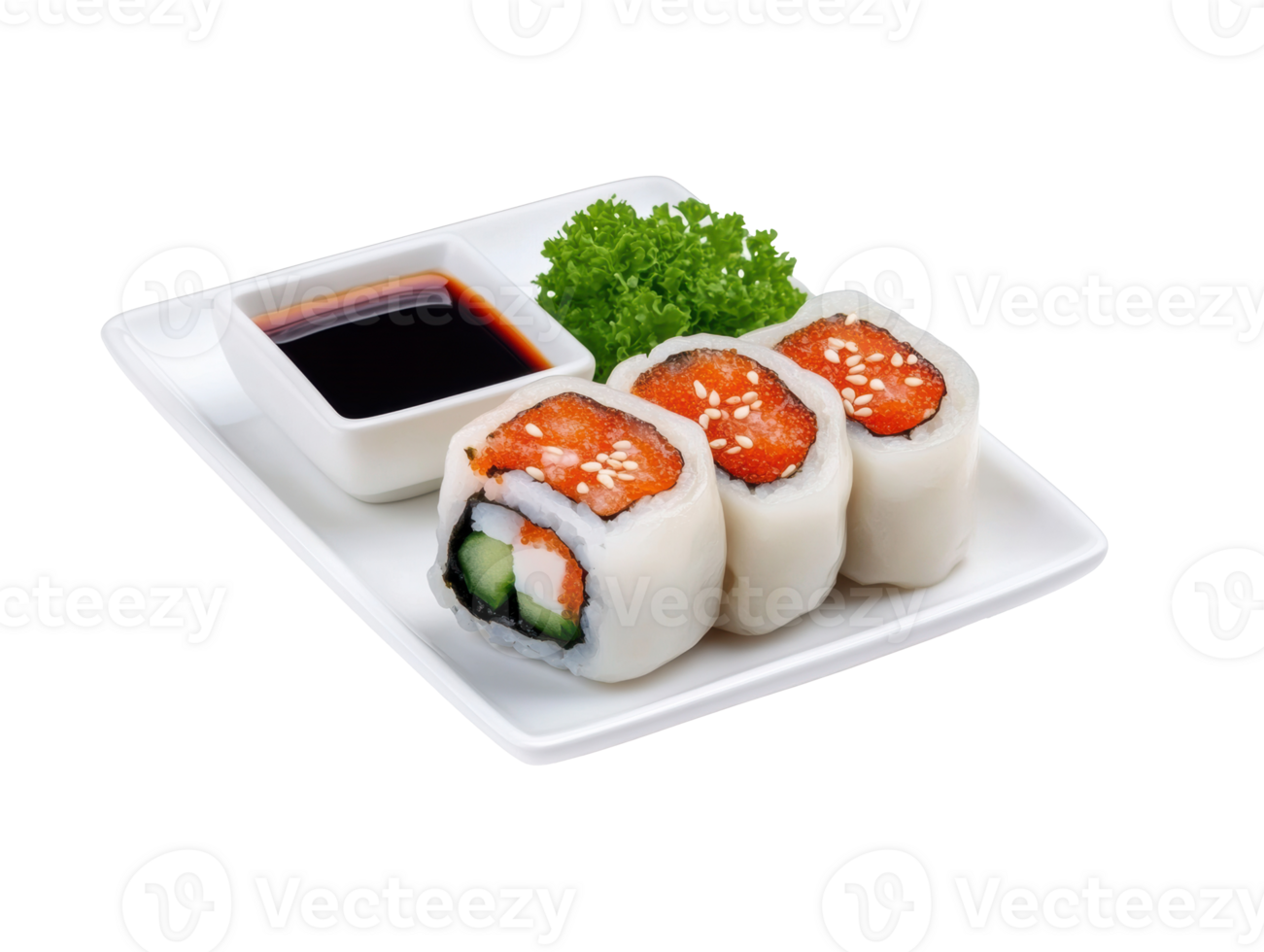 Tasty sushi rolls served with soy sauce and fresh garnish png